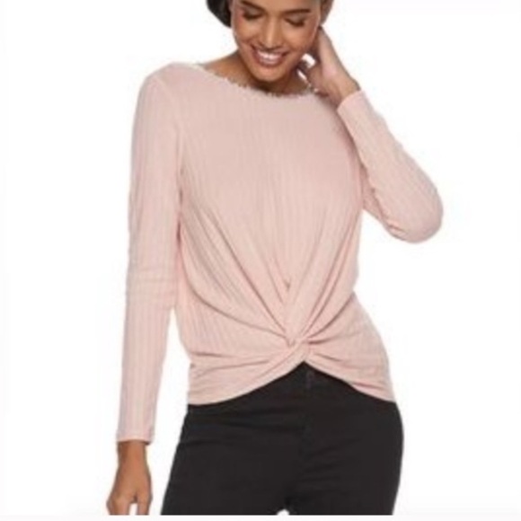 Juicy Couture Tops - Juicy Couture Pink Ribbed Knit Top Embellished Jeweled Neckline Knotted